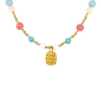 gold plated cherry quartz necklace , pearls , amazonite , morganite .