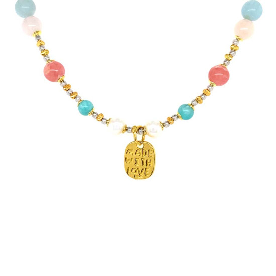 gold plated cherry quartz necklace , pearls , amazonite , morganite . gold plated cherry quartz necklace , pearls , amazonite , morganite .