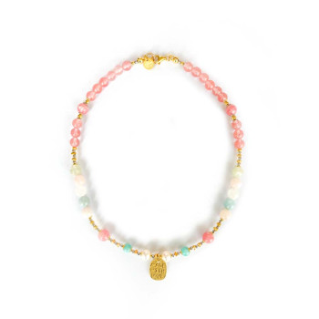 gold plated cherry quartz necklace , pearls , amazonite , morganite .