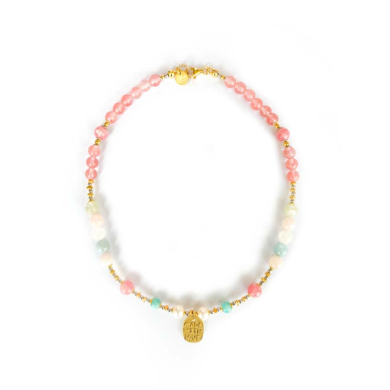 gold plated cherry quartz necklace , pearls , amazonite , morganite . gold plated cherry quartz necklace , pearls , amazonite , morganite .