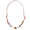 18K GOLD PLATED PINK OPAL NECKLACE WITH AMETHYST ,  PINK QUARTZ, CHERRY QUARTZ AND COKE WOOD