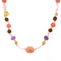 18K GOLD PLATED PINK OPAL NECKLACE WITH AMETHYST ,  PINK QUARTZ, CHERRY QUARTZ AND COKE WOOD