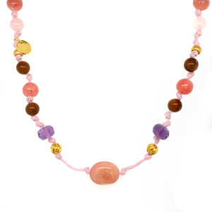 18K GOLD PLATED PINK OPAL NECKLACE WITH AMETHYST ,  PINK QUARTZ, CHERRY QUARTZ AND COKE WOOD