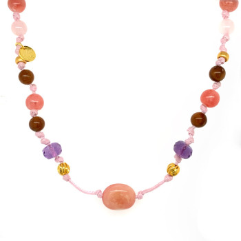 18K GOLD PLATED PINK OPAL NECKLACE WITH AMETHYST ,  PINK QUARTZ, CHERRY QUARTZ AND COKE WOOD