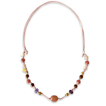 18K GOLD PLATED PINK OPAL NECKLACE WITH AMETHYST ,  PINK QUARTZ, CHERRY QUARTZ AND COKE WOOD