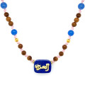 GOLD PLATED PINK STRING NECKLACE handcrafted with the name of His Majesty (Al-Aziz), WITH BLUE AGATE AND COKE WOOD GOLD PLATED PINK STRING NECKLACE handcrafted with the name of His Majesty (Al-Aziz), WITH BLUE AGATE AND COKE WOOD