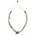 GOLD PLATED PINK STRING NECKLACE handcrafted with the name of His Majesty (Al-Aziz), WITH BLUE AGATE AND COKE WOOD GOLD PLATED PINK STRING NECKLACE handcrafted with the name of His Majesty (Al-Aziz), WITH BLUE AGATE AND COKE WOOD