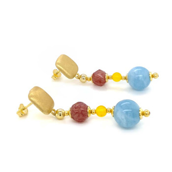 AQUAMARINE EARRINGS WITH YELLOW AGATE AND CHERRY QUARTZ