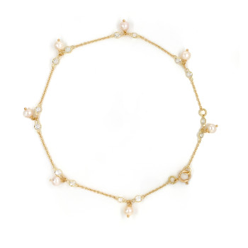 18K GOLD ANKLET WITH pearls and white topaz 