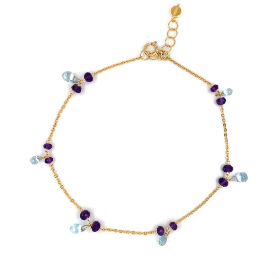 18K GOLD ANKLET WITH AQUAMARINE AND AMETHYST 