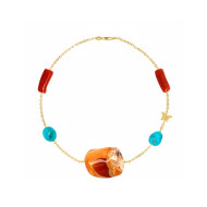 18K GOLD BRACELET CHAIN WITH FIRE OPAL STONE, CORAL AND TURQUOISE STONE