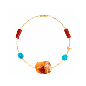 18K GOLD BRACELET CHAIN WITH FIRE OPAL STONE, CORAL AND TURQUOISE STONE