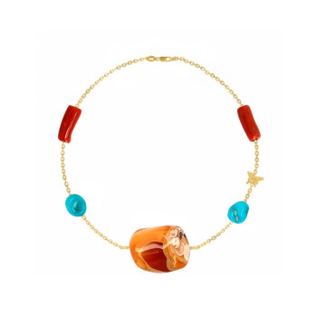 18K GOLD BRACELET CHAIN WITH FIRE OPAL STONE, CORAL AND TURQUOISE STONE