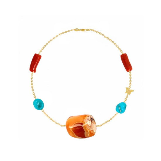 18K GOLD BRACELET CHAIN WITH FIRE OPAL STONE, CORAL AND TURQUOISE STONE