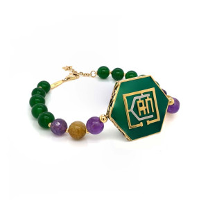18k GOLD ( I CAN ) BRACELET WITH HEXAGONAL GREEN AGATE , AMYTHYST , GOLD THREADS AND GREEN JADE