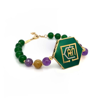 18k GOLD ( I CAN ) BRACELET WITH HEXAGONAL GREEN AGATE , AMYTHYST , GOLD THREADS AND GREEN JADE