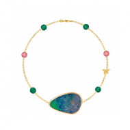 18K Gold bracelet chain with Australian opal, green agate, and cherry quartz stone 