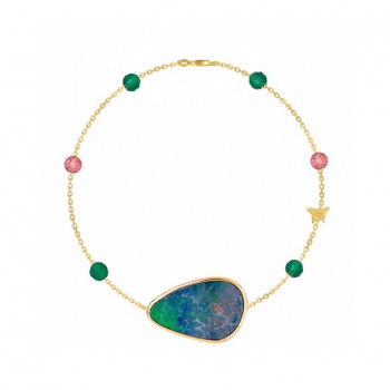 18K Gold bracelet chain with Australian opal, green agate, and cherry quartz stone 