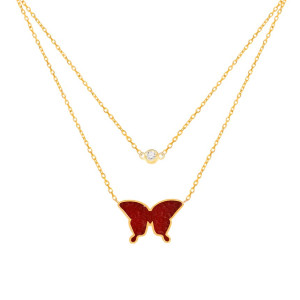 GOLD CHAIN 18K WITH RED AGAATE BUTTERFLY AND DIAMOND ( medium size )