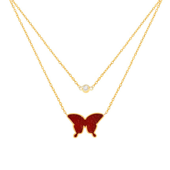 GOLD CHAIN 18K WITH RED AGAATE BUTTERFLY AND DIAMOND ( medium size )