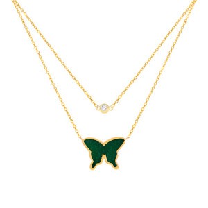 GOLD CHAIN 18K WITH GREEN AGATE BUTTERFLY AND DIAMOND ( medium size )
