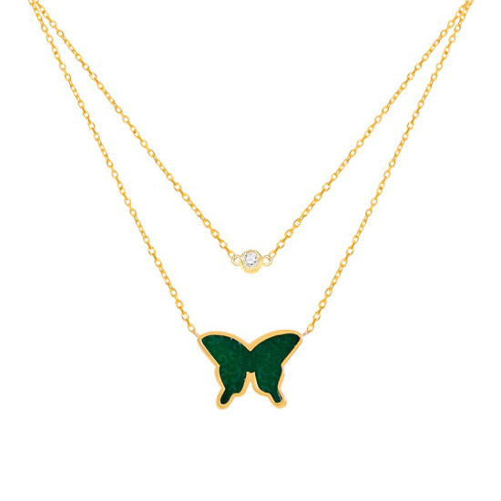 GOLD CHAIN 18K WITH GREEN AGATE BUTTERFLY AND DIAMOND ( medium size )