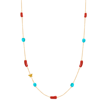 Gold chain 18k with coral and turquoise stones