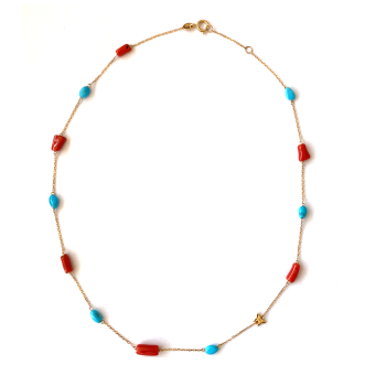 Gold chain 18k with coral and turquoise stones