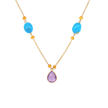 18K AMETHYST NECKLACE WITH TURQUOISE STONE AND CITRINE 