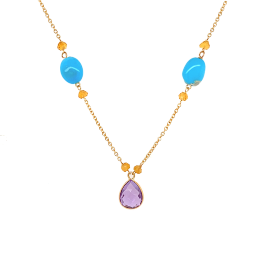 18K AMETHYST NECKLACE WITH TURQUOISE STONE AND CITRINE 18K AMETHYST NECKLACE WITH TURQUOISE STONE AND CITRINE