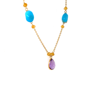 18K AMETHYST NECKLACE WITH TURQUOISE STONE AND CITRINE 