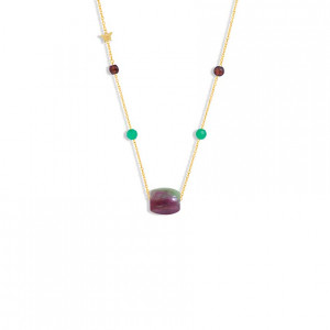 Gold chain 18k with rubyzozite, green agate, and garnite stones    