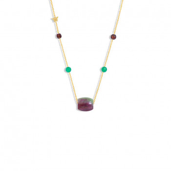 Gold chain 18k with rubyzozite, green agate, and garnite stones    