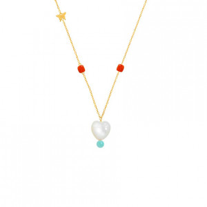 Gold chain with white shell heart shape with coral, and aquamarine stone    