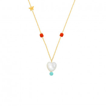 Gold chain with white shell heart shape with coral, and aquamarine stone    