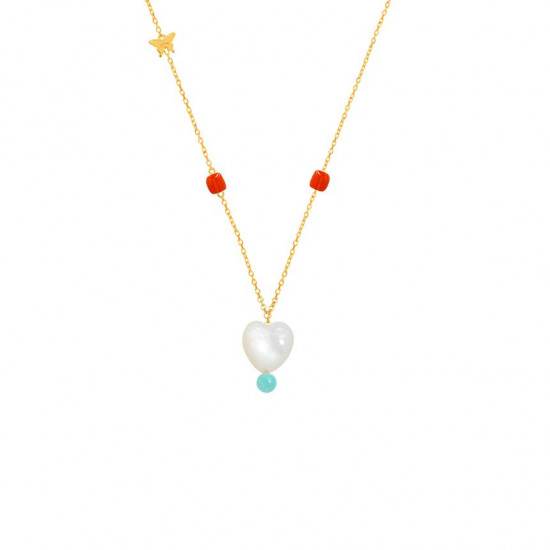Gold chain with white shell heart shape with coral, and aquamarine stone    