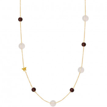 Gold chain 18k with pink quartz and garnite stones