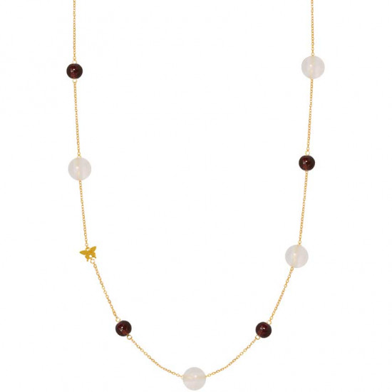 Gold chain 18k with pink quartz and garnite stones