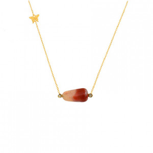18K Gold Fire Opal Neckless, Studded With 2 Pieces Of Diamond