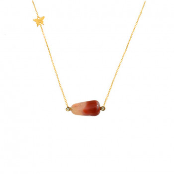 18K Gold Fire Opal Neckless, Studded With 2 Pieces Of Diamond