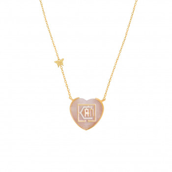 GOLD CHAIN 18k WITH I CAN PENDANT HEART SHAPE ON PINK QUARTZ STONE