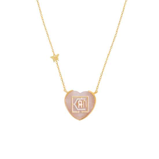 GOLD CHAIN 18k WITH I CAN PENDANT HEART SHAPE ON PINK QUARTZ STONE