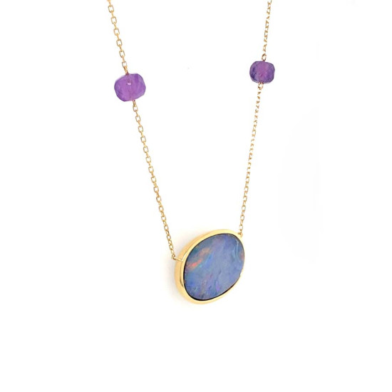 GOLD CHAIN 18K WITH AUSTRALIAN OPAL AND AMETHYST STONES 
