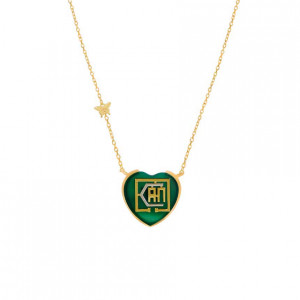 Gold chain 18k with I CAN heart shape pendant on green agate stone