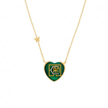 Gold chain 18k with I CAN heart shape pendant on green agate stone