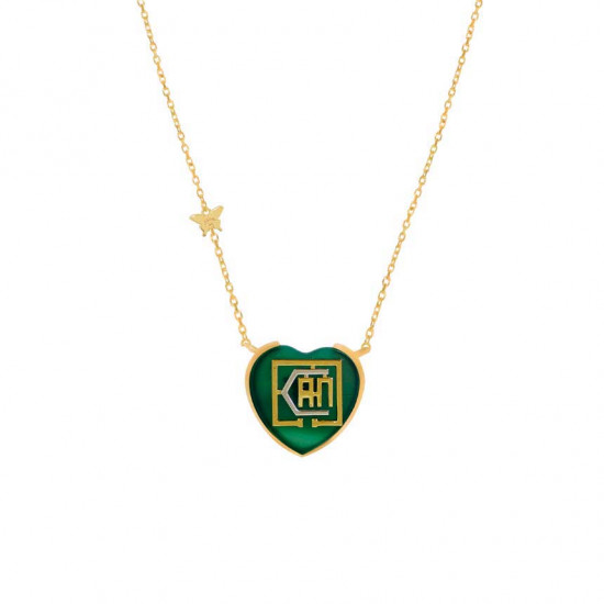 Gold chain 18k with I CAN heart shape pendant on green agate stone