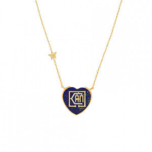Gold chain 18k with I CAN pendant heart shape on lapis stone