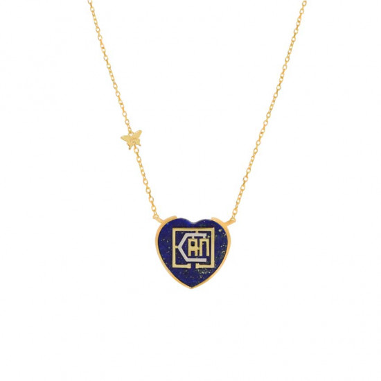 Gold chain 18k with I CAN pendant heart shape on lapis stone