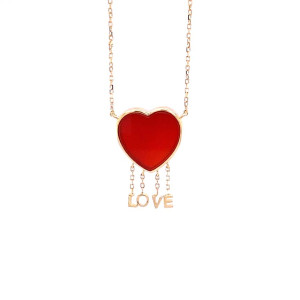 ( love ) gold chain 18k with red agate heart