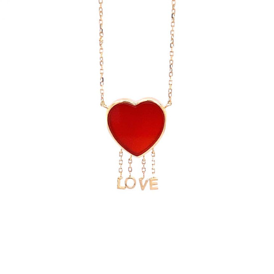 ( love ) gold chain 18k with red agate heart